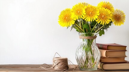 Dandelion bouquet and books