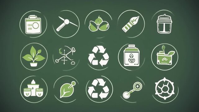 Modern eco lifestyle icon set showcasing sustainable living, zero waste habits, recycling, renewable energy, and conscious everyday choices, designed in a clean and minimal visual style.