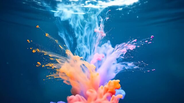 Abstract Underwater Explosion of Colorful Clouds with Vivid Hues against a Dark Blue Background