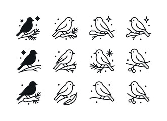 Obraz premium Snowy Branch Bird Icons. Birds sitting on snowy branches. Line outline icon set of Birds sitting on snowy