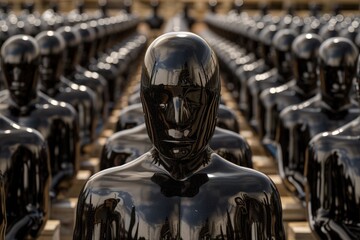Rows of shiny black mannequins with reflective surfaces in a factory setting