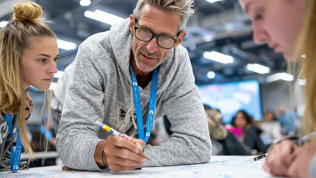 mentor guiding two teenage students at table in busy conference hall, male instructor writing on large paper with marker while students watch intently, lanyards