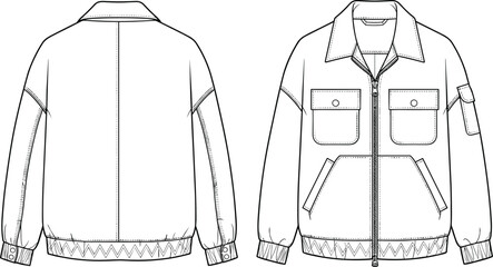 Men jacket technical flat sketch showing front and back view with zipper pockets collar cuffs and apparel design details © Hey There