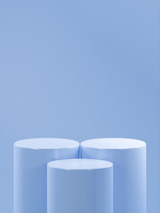 3 blue yonder podium tubes, 1 tube in front is lower than the 2 tubes in the back, blue yonder background. 3 vertical podiums template