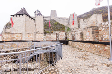 Inner courtyard and towers of historic Golubac fortress in Serbia
