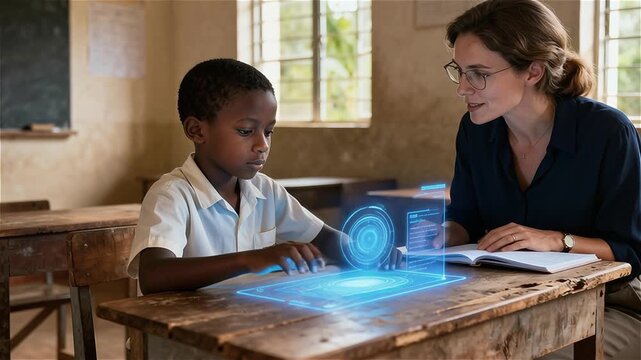 Un niño sentado en un escritorio usando un holograma mientras la  profesora mira