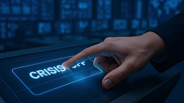 Crisis management emergency response risk control digital interface human hand touchscreen technology security prevention alert crisis off button finger touch screen emergency control digital