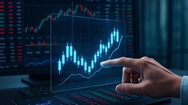 Finance investment stock market trading chart analysis data technology screen with candlestick chart forex cryptocurrency financial data investment analytics digital screen bull trend and business