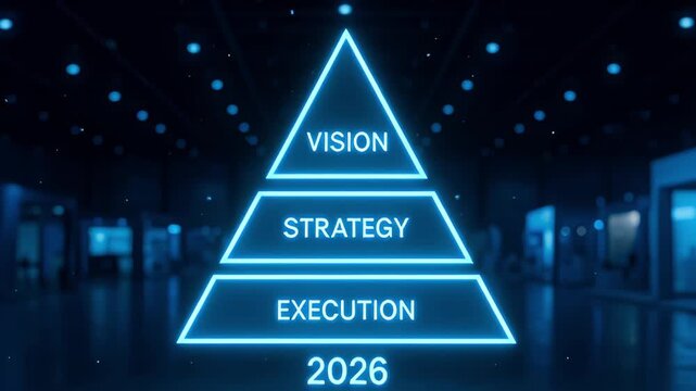 Vision strategy execution business pyramid neon leadership futuristic corporate success concept glowing blue business planning leadership goal management future hierarchy glowing neon triangle