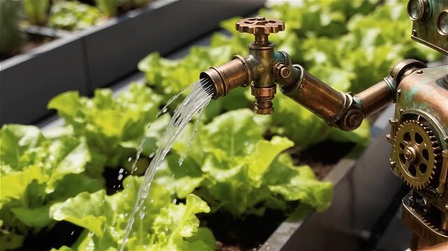 Un robot de jardín con diseño de latón y cobre regando automáticamente un jardín