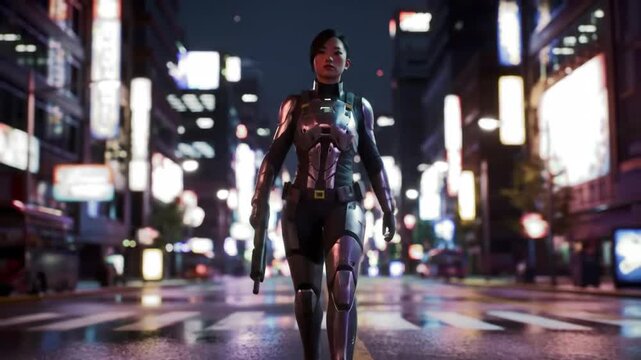 Futuristic law enforcer patrols city at night; billboards in the background