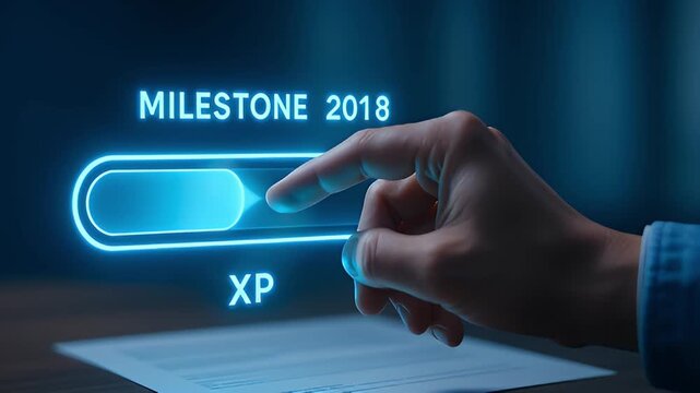Milestone 2026 xp progress bar future business goal planning achievement concept digital interface finger touch technology vision innovation strategy virtual screen blue neon light futuristic glow