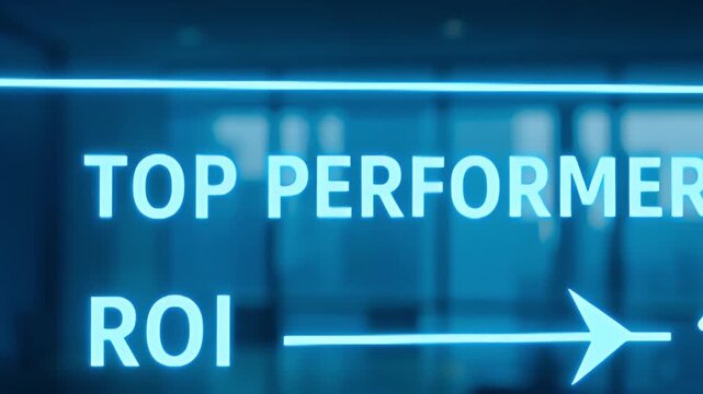 Top performer ROI EBITDA neon sign arrow glowing blue business finance indicator in modern glass office corporate growth futuristic analysis dashboard success motivation