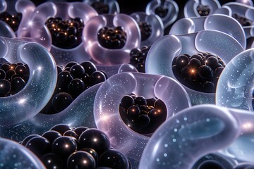 Microscopic view of translucent bubbles containing black spheres on a speckled background.
