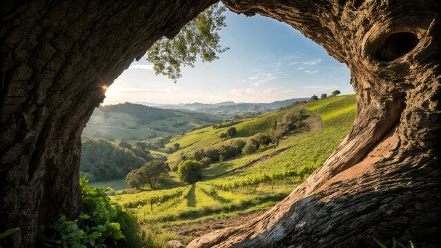 View of rolling green hills and vineyards through a tree trunk opening at sunrise or sunset - Powered by Adobe