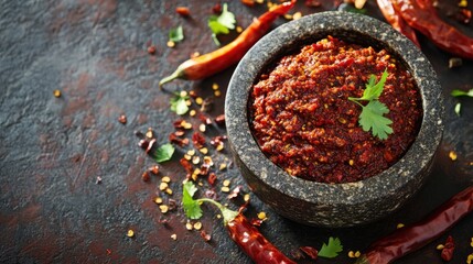 Fresh chili paste in stone mortar with ingredients