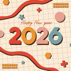 Retro Happy New Year 2026 Celebration Card with Geometric Shapes