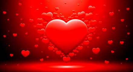 Romantic Red Heart Celebration With Floating Hearts in Bright Studio Lighting and Warm Spotlight