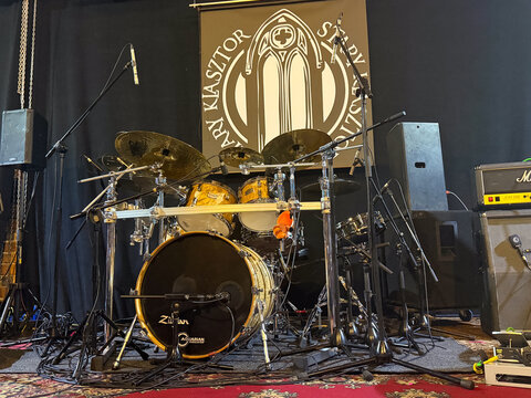 Drum set ready for performance on stage sbb