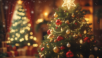 A close-up shot of a sparkling Christmas tree with golden stars and warm fairy lights; 4K and HD image