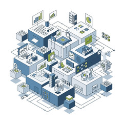 Obraz premium Abstract isometric illustration of a complex data processing system.