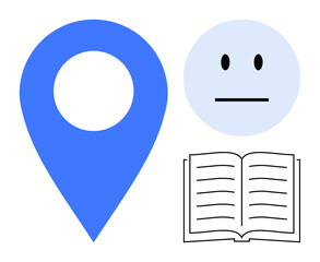 Location tracking, emotional expression, education, navigation tools, learning resources, user interface design. Blue geolocation pin beside neutral face and an open book icon. Location tracking
