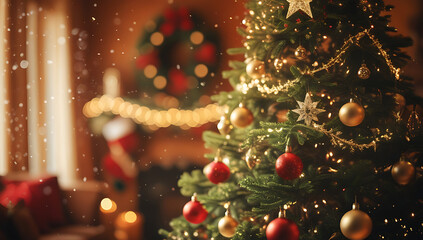 A tall Christmas tree decorated with red baubles and gold accents in a softly blurred living room; 4K and HD image