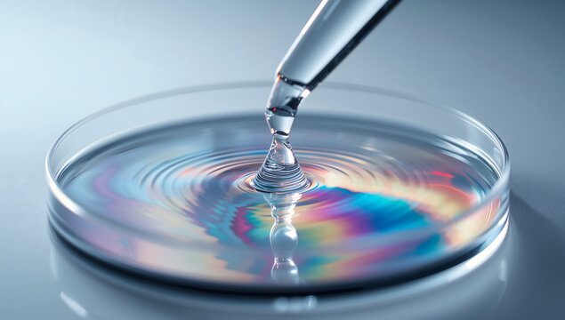 Macro shot of pipette dropping liquid into petri dish with colorful chemical reaction