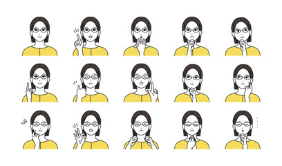 眼鏡をかけた若い女性の様々表情バリエーションセット　イエロー
