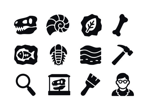 Fossil Icon Collection. Fossils. Solid icon set of Fossils: dino