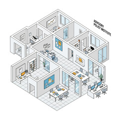 Isometric illustration of a modern office interior layout with multiple rooms and workstations.