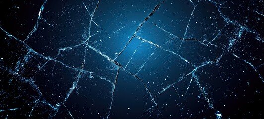 Shattered Glass with Blue Fractures on Dark Background