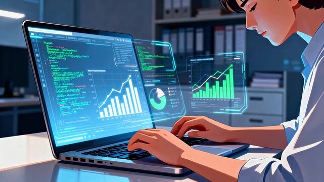 Person working on a laptop with data visuals