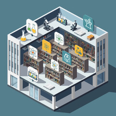 Isometric view of a modern science library with digital displays.