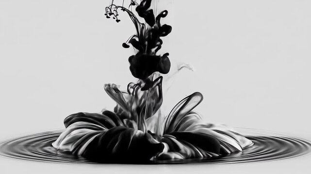 Abstract ink diffusion in water black and white macro shot with rippling surface for artistic backdrop
