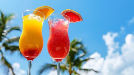 Vibrant tropical beach bar serving colorful cocktails under a sunny sky and palm trees