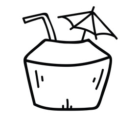 Hand-Drawn Coconut Drink with Umbrella and Straw