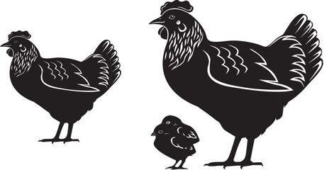 Black and white illustration of a hen with chicks simple farm animal drawing
