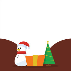 Christmas copy space background template with seasonal elements like snowman, gift box, and decorated pine tree. Christmas design background illustration.