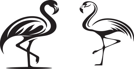 Elegant black and white illustration of two flamingos in a minimalist style