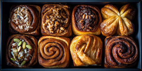 Decadent assortment featuring cream-topped and fruit-filled pastries on elegant serving plate.