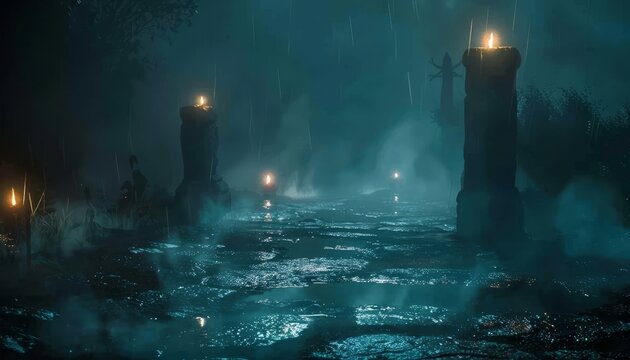 Enigmatic halloween night  foggy streets adorned with glowing lanterns and a mysterious atmosphere