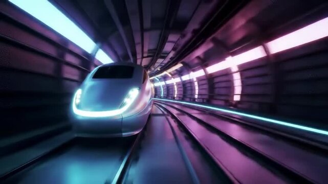 High Speed Train travels through futuristic tunnel. Commuting, transport