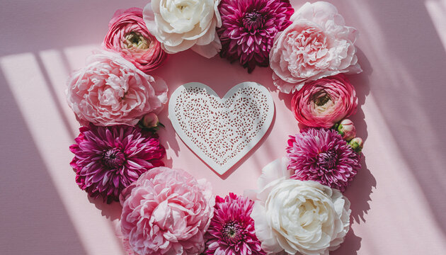 Rangkaian bunga romantis berbentuk hati dari mawar pink, daisy putih, dan krisan pastel di atas latar belakang pink lembut, konsep cinta, valentine, pernikahan, dan kartu ucapan elegan dengan copy spa