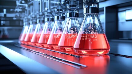 A close up view of a laboratory setting showcasing various glass beakers and flasks filled with bright red chemical solutions indicating an ongoing scientific experiment or research process
