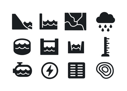 Flood Control Icons. Flood control wetlands. Solid icon set of f