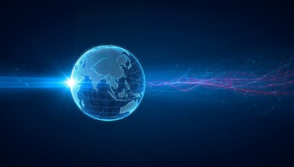 Naklejka premium Global network connection background with blue digital earth and high speed light trails