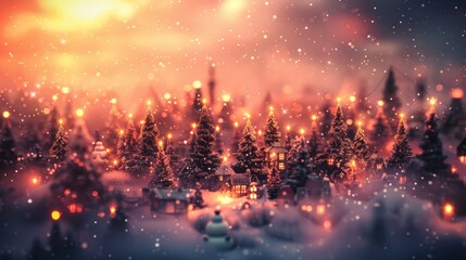 Obraz premium Charming snowy village adorned with christmas lights as children build a snowman in winter bliss