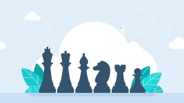 Chess pieces. Figures fall from top to bottom, one at a time. King, queen, bishop, pawn, knight, knight, rook. Icon set. Board game. Black silhouettes. Outline set of chess icons. 2D flat animation