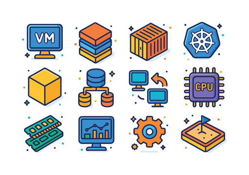 Colorful Virtualization Icons. Virtualization. Colorful isometri